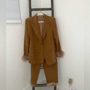 Brown Feather Cuff Blazer and Pants Set